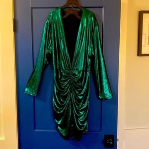 Plunging V Neck Holiday dress.  Shimmering Emerald Green size Medium.